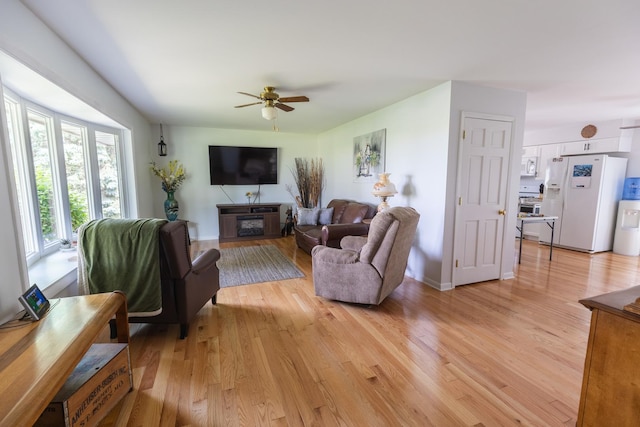 4265 Town Hall Rd, Belvidere, IL 61008 - living area featuring light wood-style floors, ceiling fan, and a fireplace