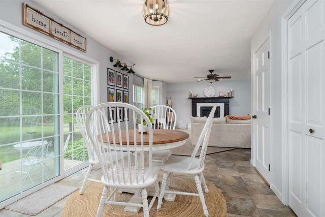 1098 Ironwood Cc Dr, Normal, IL 61761 - dining room with stone finish flooring, a ceiling fan, and a fireplace