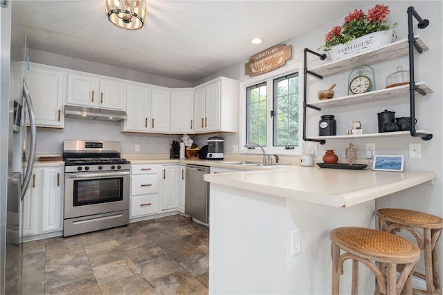 1098 Ironwood Cc Dr, Normal, IL 61761 - kitchen featuring stainless steel appliances, under cabinet range hood, a peninsula, white cabinetry, and stone finish flooring