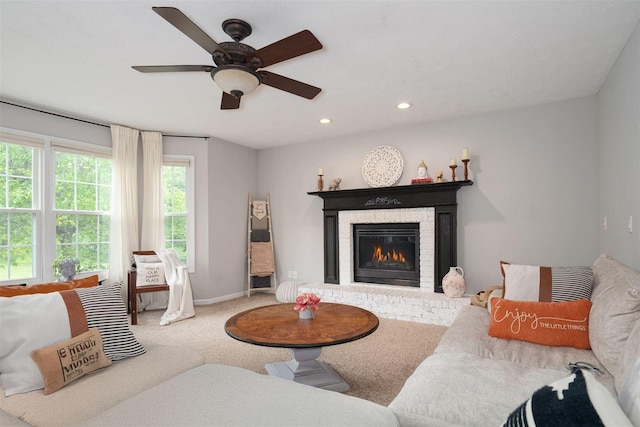 1098 Ironwood Cc Dr, Normal, IL 61761 - living room with a fireplace, carpet floors, ceiling fan, and recessed lighting