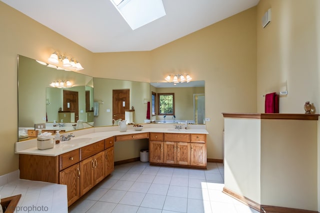 1771 Andrew Ct, Long Grove, IL 60047 - full bath featuring a skylight, double vanity, tile patterned floors, and high vaulted ceiling