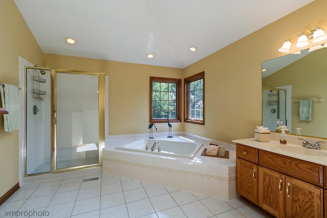 1771 Andrew Ct, Long Grove, IL 60047 - bathroom featuring vanity, a garden tub, a stall shower, tile patterned floors, and recessed lighting
