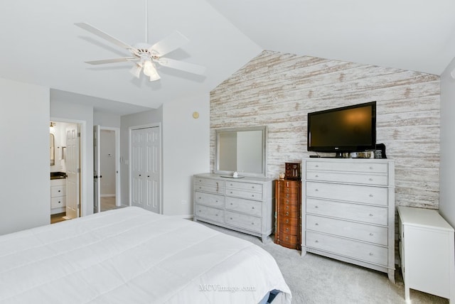10935 Barbs Way, Orland Park, IL 60467 - carpeted bedroom featuring an accent wall, lofted ceiling, connected bathroom, ceiling fan, and a closet