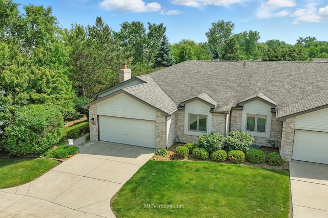 10935 Barbs Way, Orland Park, IL 60467 - ranch-style home with brick siding, an attached garage, a shingled roof, concrete driveway, and a front lawn