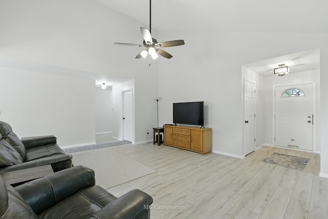 10935 Barbs Way, Orland Park, IL 60467 - living room featuring light wood-style flooring, ceiling fan, and high vaulted ceiling