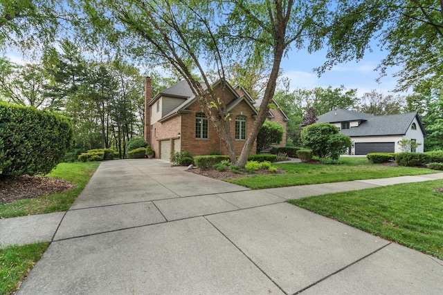 1396 Notre Dame Dr, Lemont, IL 60439 - traditional-style home featuring brick siding, driveway, a garage, a front lawn, and a chimney