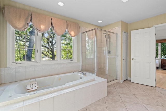1396 Notre Dame Dr, Lemont, IL 60439 - full bath featuring a garden tub, a stall shower, tile patterned floors, healthy amount of natural light, and recessed lighting