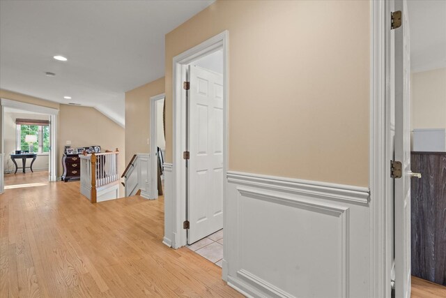 1396 Notre Dame Dr, Lemont, IL 60439 - hallway with an upstairs landing, light wood-style flooring, wainscoting, and recessed lighting