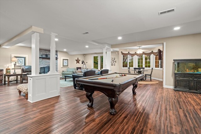 1396 Notre Dame Dr, Lemont, IL 60439 - playroom featuring decorative columns, dark wood-style floors, billiards, and recessed lighting