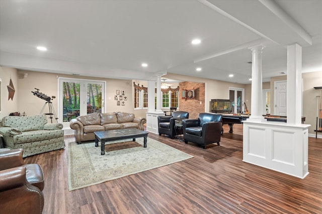 1396 Notre Dame Dr, Lemont, IL 60439 - living room with ornate columns, plenty of natural light, dark wood-style flooring, and recessed lighting