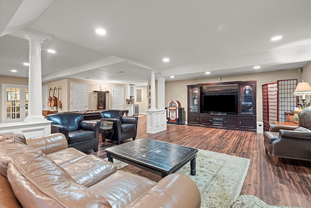 1396 Notre Dame Dr, Lemont, IL 60439 - living room with decorative columns, wood finished floors, and recessed lighting