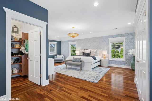 2236 Birchwood Ave, Wilmette, IL 60091 - bedroom with wallpapered walls, dark wood-type flooring, and recessed lighting