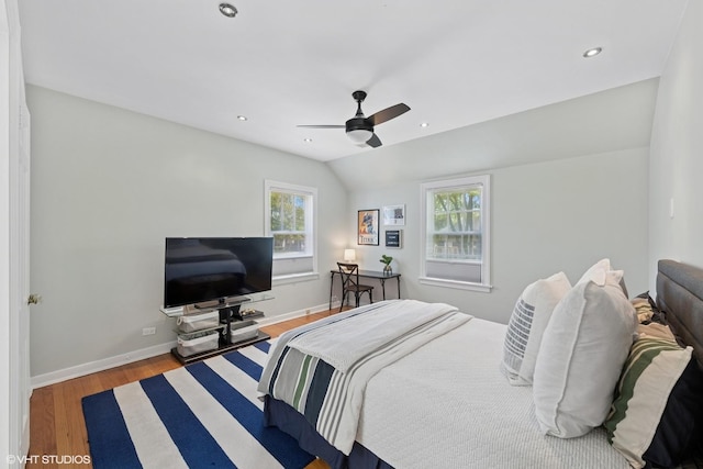 2236 Birchwood Ave, Wilmette, IL 60091 - bedroom with multiple windows, wood finished floors, lofted ceiling, ceiling fan, and recessed lighting