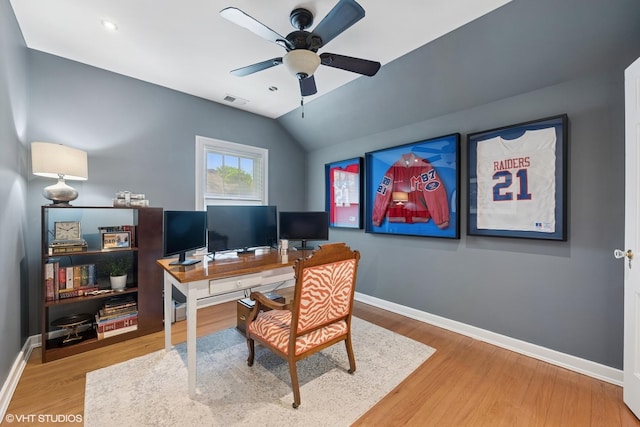 2236 Birchwood Ave, Wilmette, IL 60091 - office featuring a ceiling fan, wood finished floors, and lofted ceiling