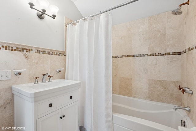 2236 Birchwood Ave, Wilmette, IL 60091 - full bathroom with shower / bath combo with shower curtain, vanity, and tile walls