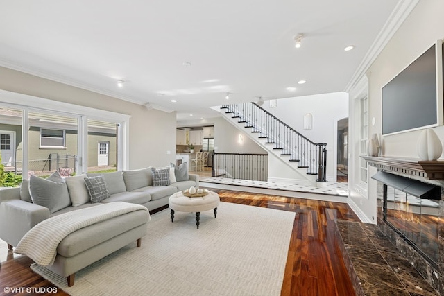 2236 Birchwood Ave, Wilmette, IL 60091 - living room with hardwood / wood-style floors, crown molding, stairway, and recessed lighting