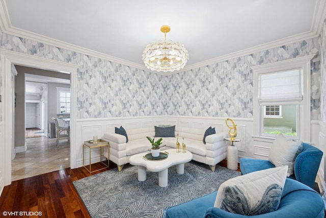 2236 Birchwood Ave, Wilmette, IL 60091 - living room with wallpapered walls, wainscoting, a chandelier, ornamental molding, and dark wood-style floors