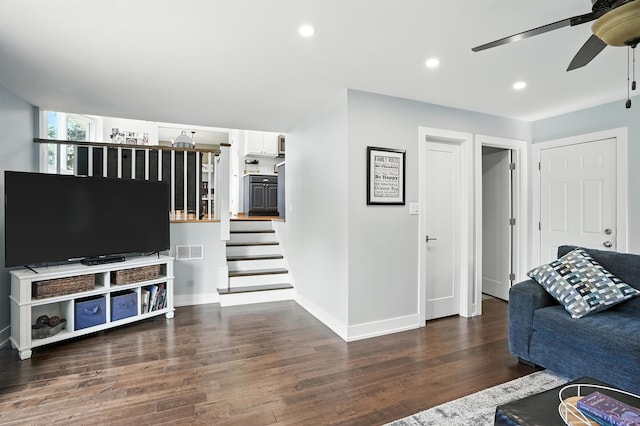 7855 Silver Ct, Orland Park, IL 60462 - living room with ceiling fan, wood finished floors, recessed lighting, and stairway