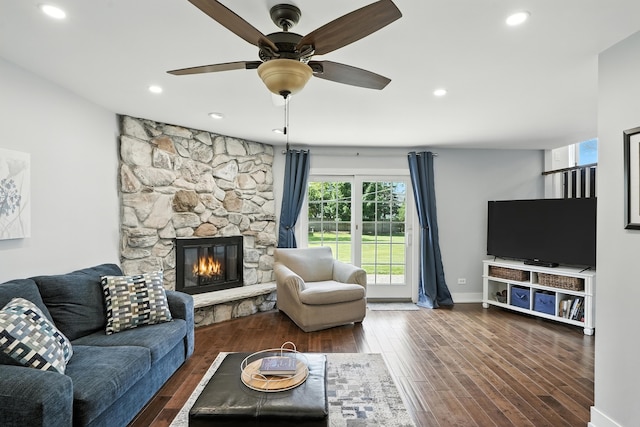 7855 Silver Ct, Orland Park, IL 60462 - living room with wood finished floors, a stone fireplace, a ceiling fan, and recessed lighting