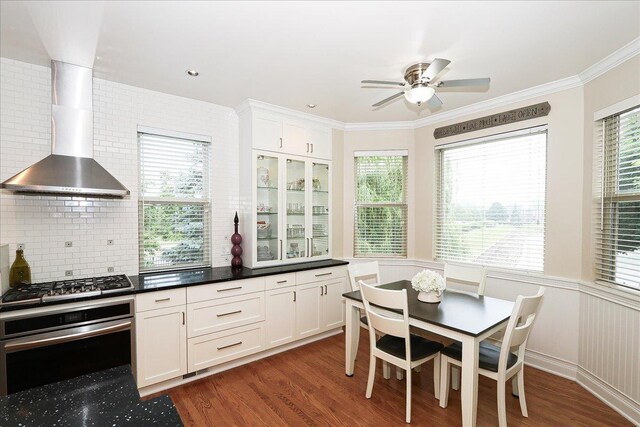 768 W St Johns Pl, Addison, IL 60101 - kitchen featuring appliances with stainless steel finishes, wall chimney range hood, white cabinetry, dark wood-style floors, and a wainscoted wall