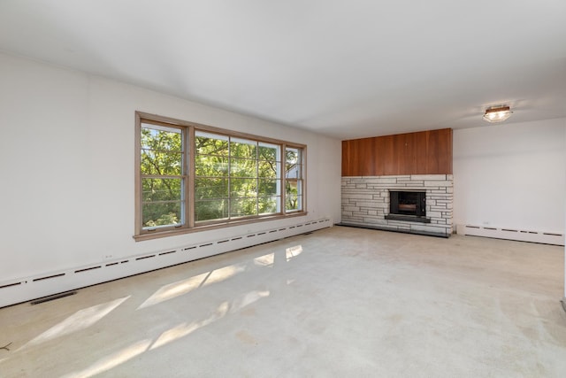 14545 Laporte Ave, Midlothian, IL 60445 - unfurnished living room featuring baseboard heating, light carpet, and a fireplace