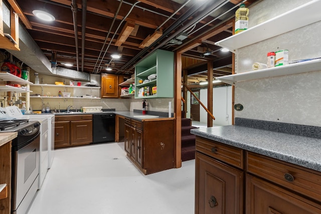 14545 Laporte Ave, Midlothian, IL 60445 - kitchen with open shelves, electric range, black dishwasher, and finished concrete floors