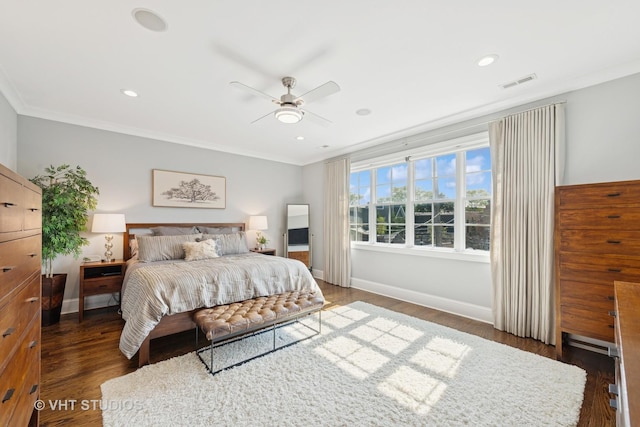 3526 N Hamilton Ave, Chicago, IL 60618 - bedroom with wood finished floors, ornamental molding, recessed lighting, and ceiling fan