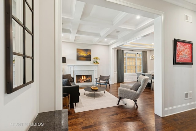 3526 N Hamilton Ave, Chicago, IL 60618 - living room with beamed ceiling, a lit fireplace, dark wood-style floors, coffered ceiling, and recessed lighting