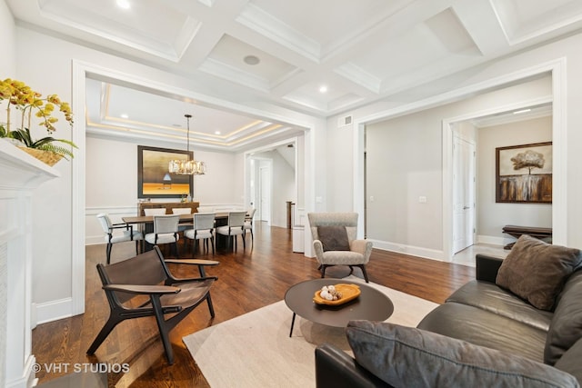 3526 N Hamilton Ave, Chicago, IL 60618 - living room with dark wood-style floors, coffered ceiling, crown molding, beam ceiling, and a chandelier