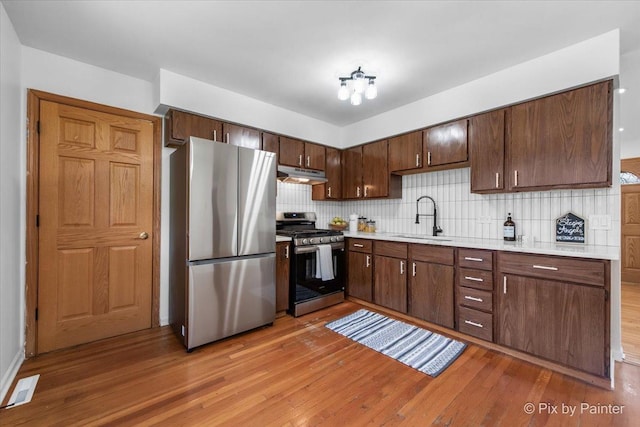 1422 Ridgeway St, Round Lake Beach, IL 60073 - kitchen featuring appliances with stainless steel finishes, under cabinet range hood, light countertops, backsplash, and light wood finished floors