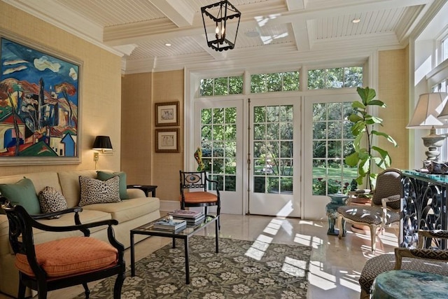 5 Woodley Rd, Winnetka, IL 60093 - living room featuring coffered ceiling, crown molding, beam ceiling, and a chandelier