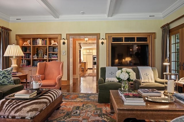 5 Woodley Rd, Winnetka, IL 60093 - living area featuring wood finished floors, ornamental molding, and beam ceiling
