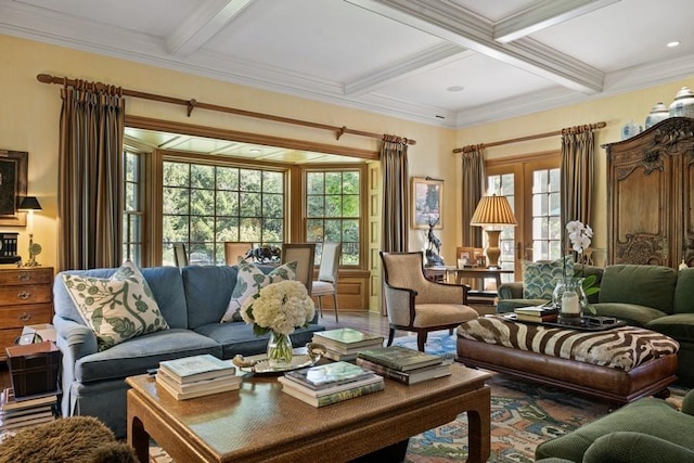 5 Woodley Rd, Winnetka, IL 60093 - living room featuring beamed ceiling, coffered ceiling, and ornamental molding