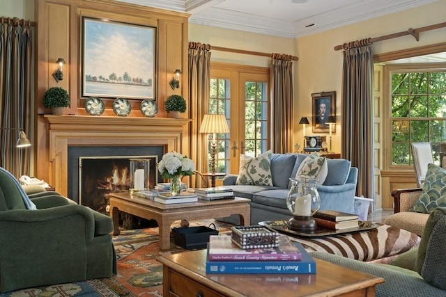 5 Woodley Rd, Winnetka, IL 60093 - sitting room with a glass covered fireplace, crown molding, and french doors