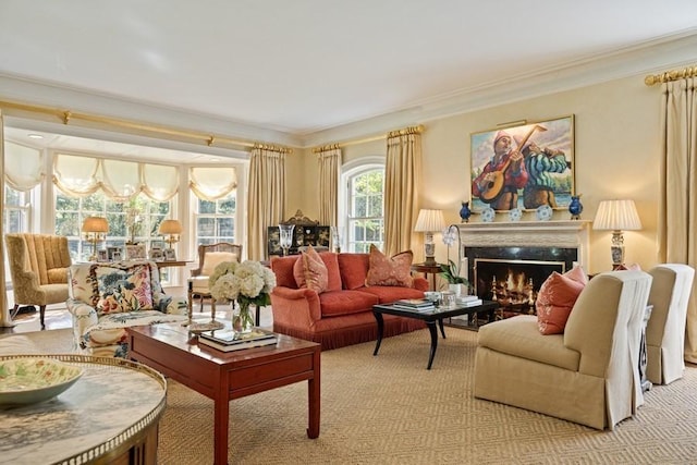 5 Woodley Rd, Winnetka, IL 60093 - living room featuring a warm lit fireplace, crown molding, and light carpet