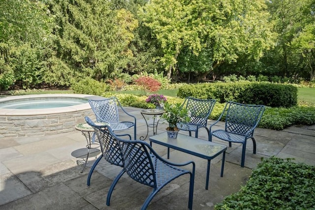 5 Woodley Rd, Winnetka, IL 60093 - view of patio featuring an in-ground hot tub and a forest view