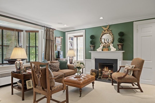 5 Woodley Rd, Winnetka, IL 60093 - living area featuring a fireplace with flush hearth, crown molding, carpet floors, and recessed lighting
