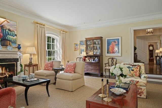 5 Woodley Rd, Winnetka, IL 60093 - carpeted living room with crown molding, a premium fireplace, a chandelier, and stairway