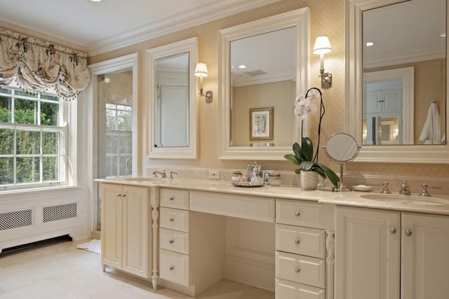 5 Woodley Rd, Winnetka, IL 60093 - bathroom with radiator heating unit, double vanity, ornamental molding, and wallpapered walls