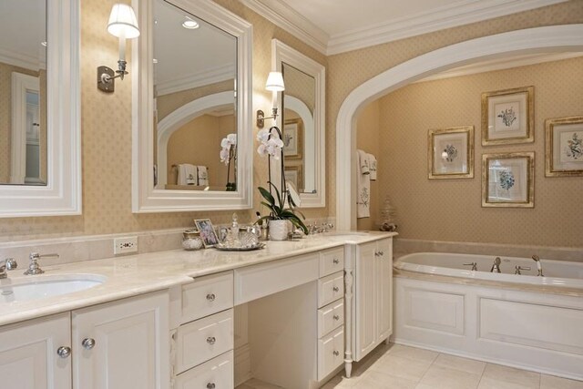 5 Woodley Rd, Winnetka, IL 60093 - full bathroom with wallpapered walls, double vanity, a bath, crown molding, and tile patterned floors