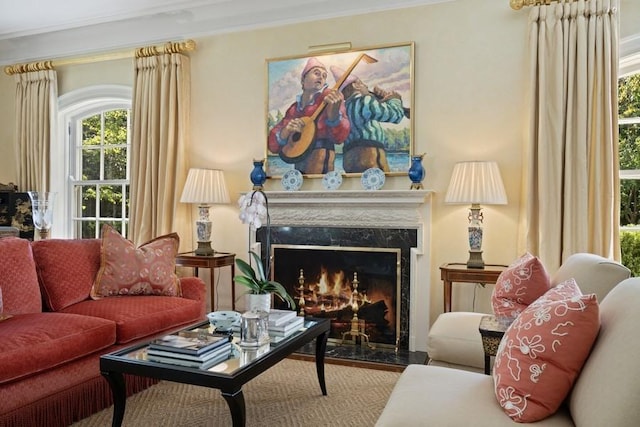 5 Woodley Rd, Winnetka, IL 60093 - living room with healthy amount of natural light, a high end fireplace, and ornamental molding