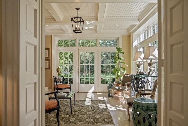 5 Woodley Rd, Winnetka, IL 60093 - sunroom featuring beam ceiling, coffered ceiling, a chandelier, and french doors