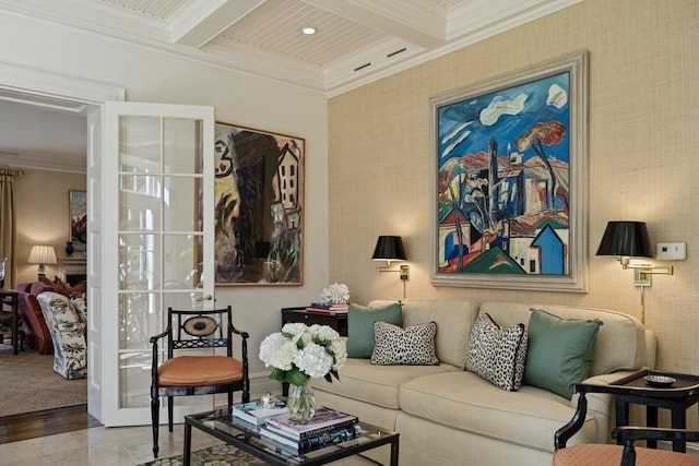 5 Woodley Rd, Winnetka, IL 60093 - living room with ornamental molding, beamed ceiling, and coffered ceiling