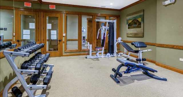 130 Clubhouse Ln Unit 029, Oswego, IL 60543 - exercise room with french doors, carpet flooring, and ornamental molding