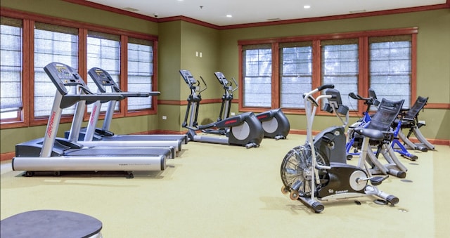 130 Clubhouse Ln Unit 029, Oswego, IL 60543 - gym with healthy amount of natural light, crown molding, carpet, and recessed lighting