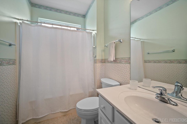 11298 Maplewood Ave, Huntley, IL 60142 - bathroom with wainscoting, vanity, shower / tub combo, and wallpapered walls