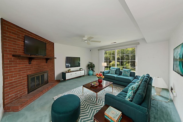821 W Manor Ct, Glenwood, IL 60425 - carpeted living room featuring a ceiling fan and a brick fireplace