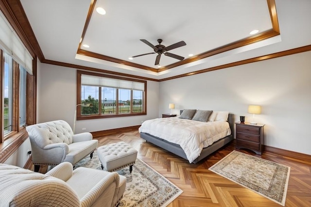 12243 179th St, Mokena, IL 60448 - bedroom with a raised ceiling, crown molding, recessed lighting, and ceiling fan