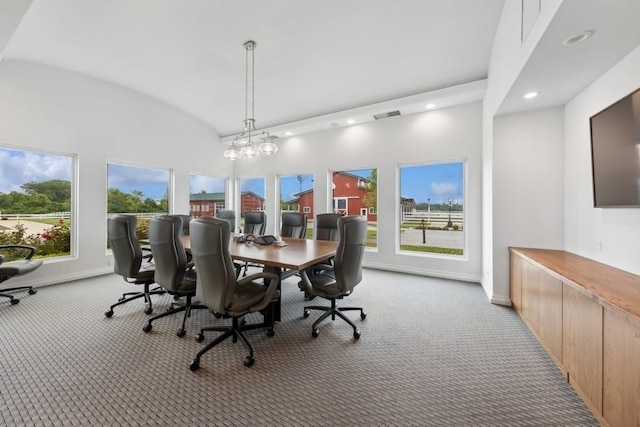 12243 179th St, Mokena, IL 60448 - dining room featuring light carpet, recessed lighting, lofted ceiling, and an office area