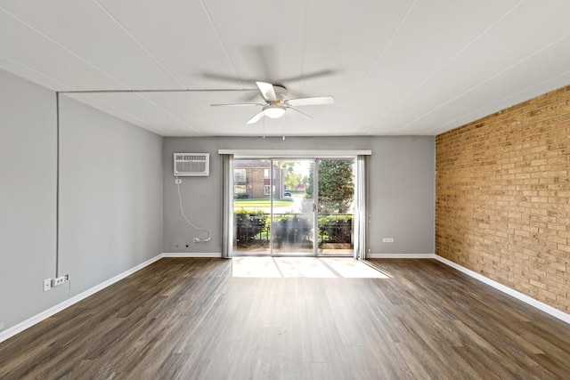 18205 Hart Dr Unit 1A, Homewood, IL 60430 - empty room featuring brick wall, a ceiling fan, wood finished floors, and a wall unit AC